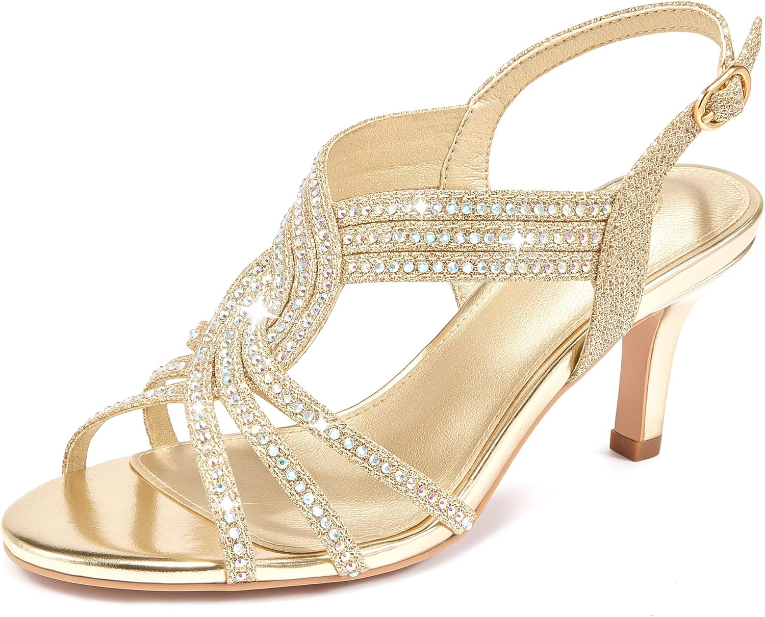 Women Rhinestone Heels Sparkly Dress Shoes High Kitten Heel 3.35 Inch Open Toe Ankle Strap Womens Sandals Wedding