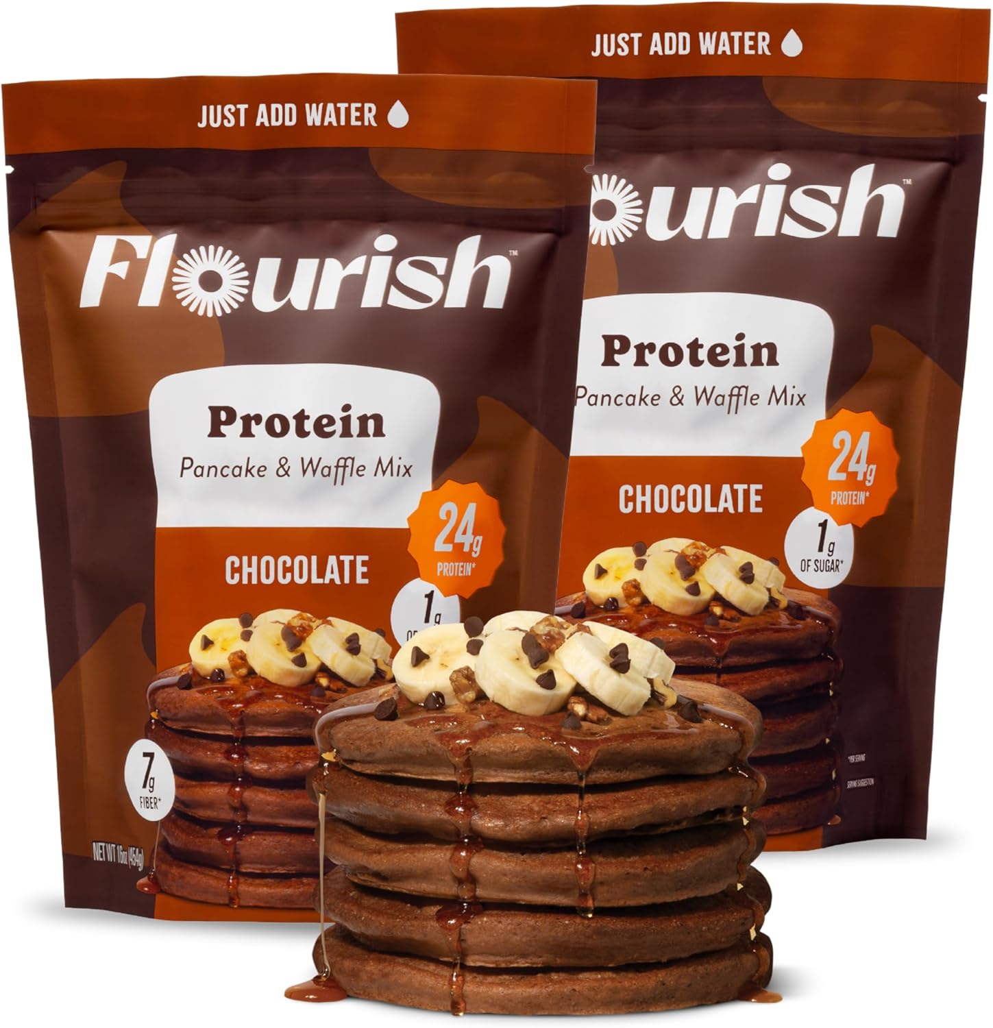 Flourish Protein Pancake & Waffle Mix, with Whey Protein & Flax Seed, No Added Sugar, High in Protein & Fiber - Just Add Water - Chocolate Flavour, 16oz (2 Pack)