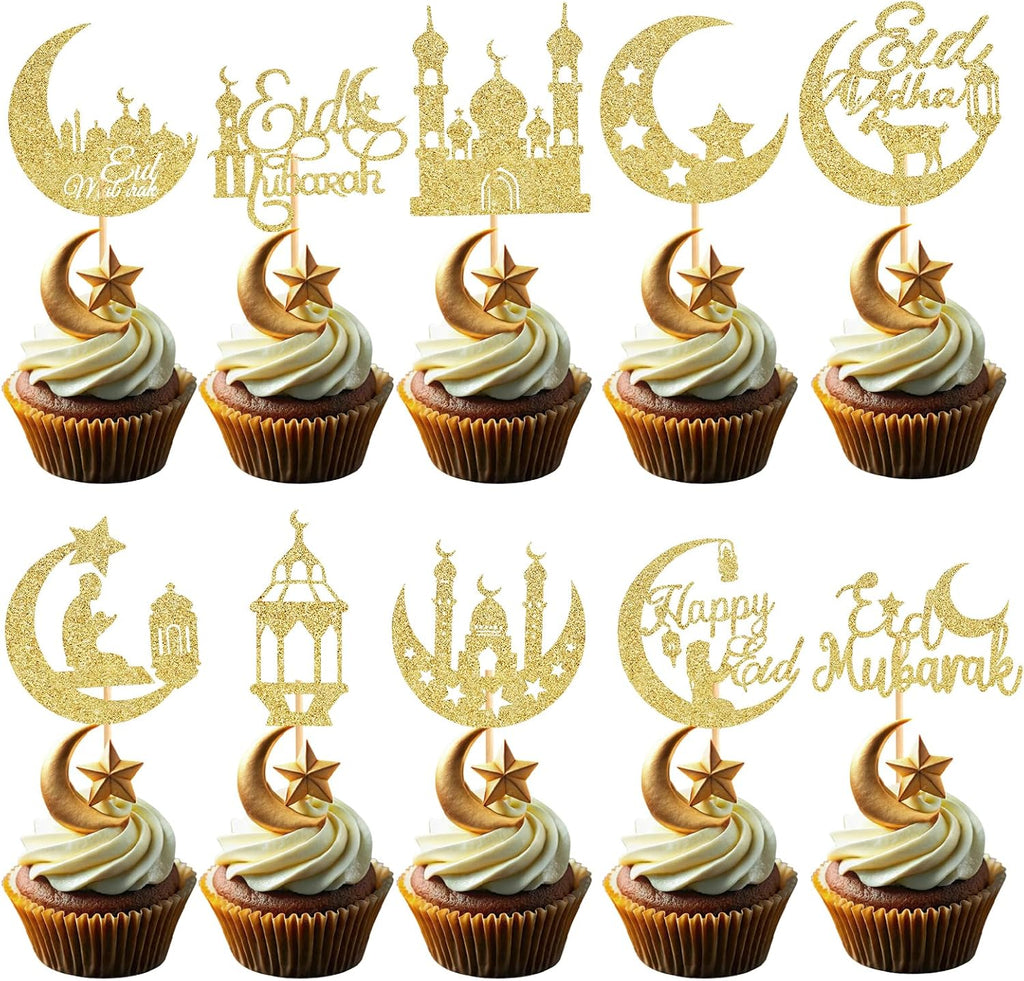 60 Pcs Eid Mubarak Cupcake Toppers,Glitter Moon Star Ramadan Kareem Cupcake Toppers for Eid Islamic Muslim Party Cake Decorations