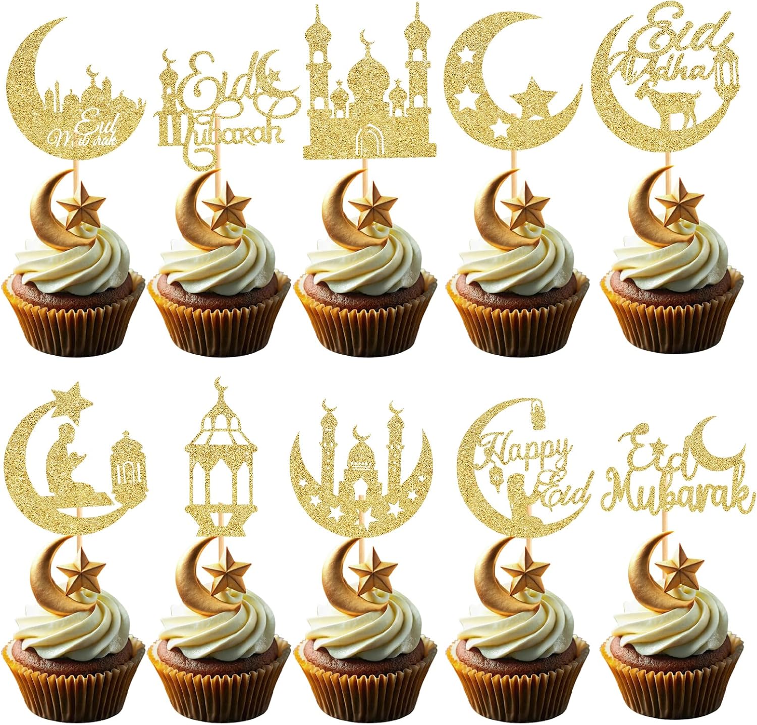 60 Pcs Eid Mubarak Cupcake Toppers,Glitter Moon Star Ramadan Kareem Cupcake Toppers for Eid Islamic Muslim Party Cake Decorations
