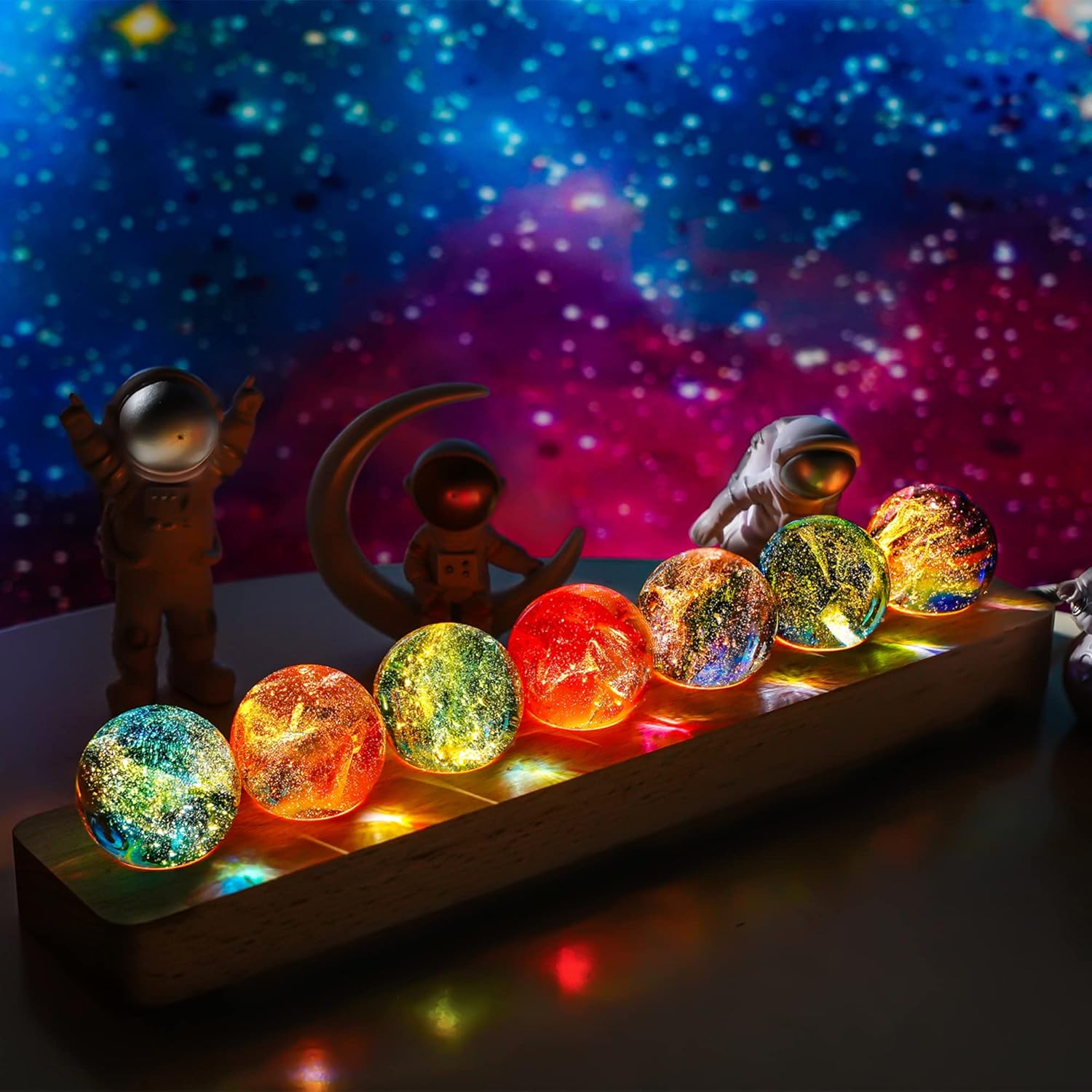 7 Chakra Natural Healing Spheres with LED Wooden Stand 40mm Crystal Quartz Stones for Meditation Positive Energy Night Light Decoration