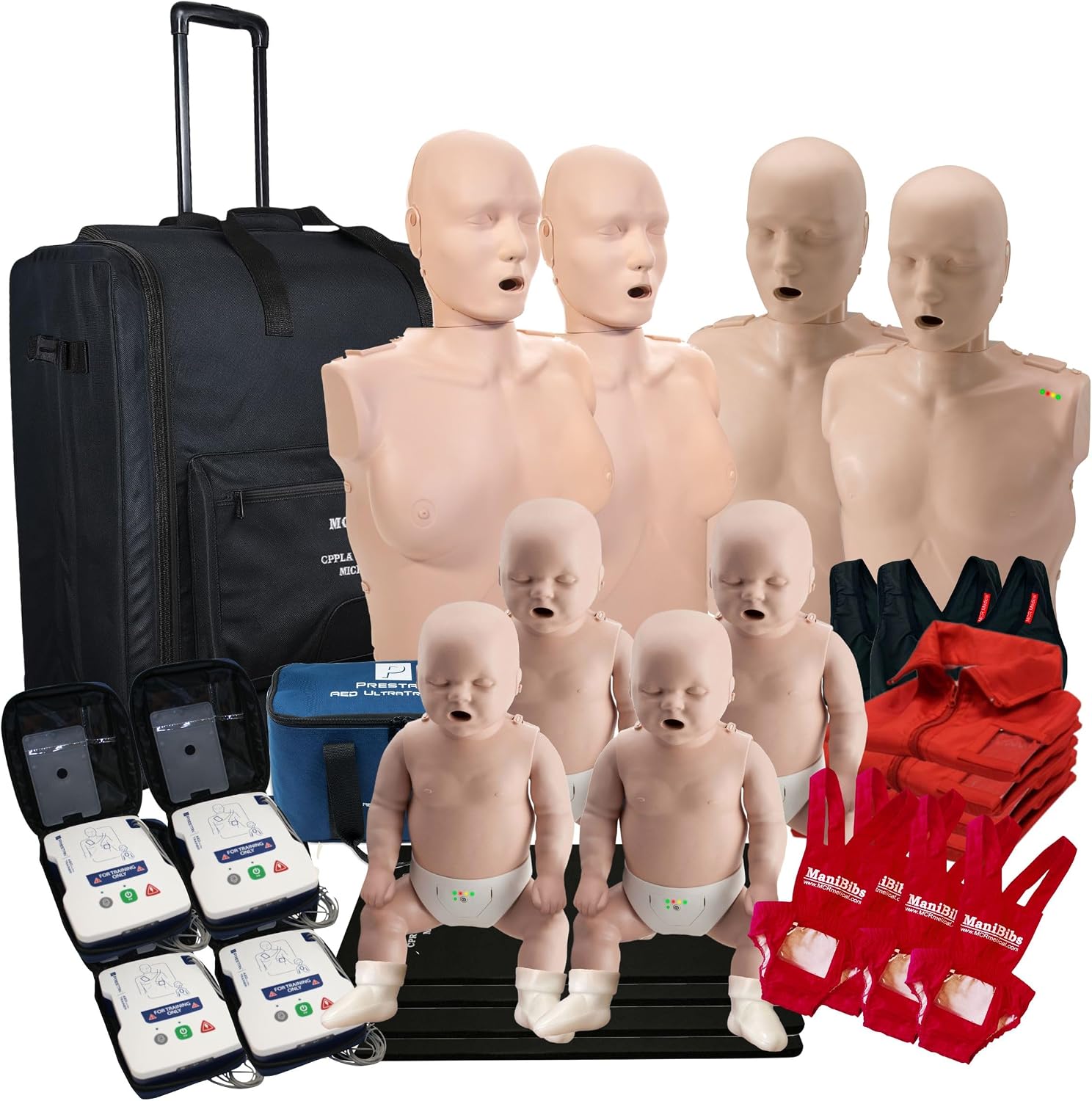 PRESTAN 2 Female CPR Manikin, 2 Male, and 4 Infant CPR Manikin Training Kit w/AED Trainers and Accessories, Medium Tone, MCR Medical