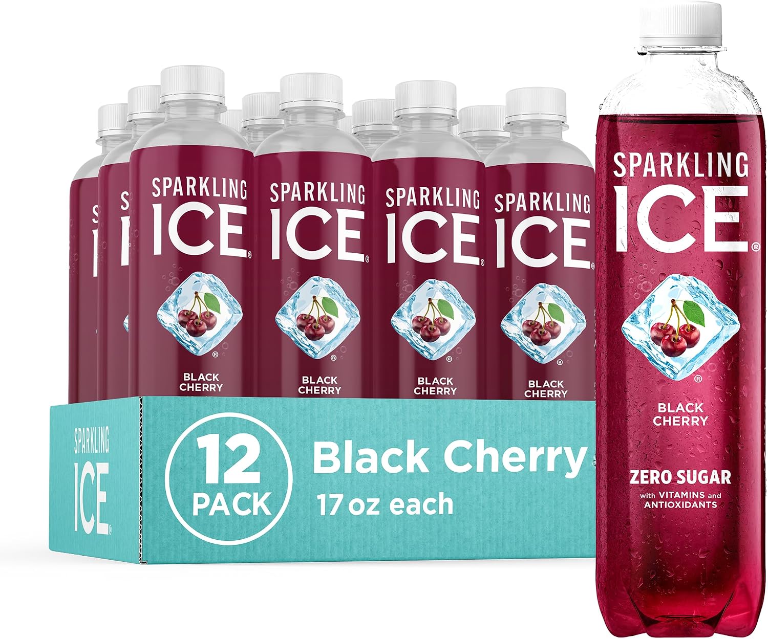 Sparkling Ice, Black Cherry Sparkling Water, Zero Sugar Flavored Water, with Vitamins and Antioxidants, Low Calorie Beverage, 17 fl oz Bottles (Pack of 12)
