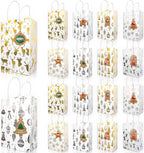 SPVLOAI 16 Pack Christmas Gift Bags Bulk, Small Size 8.3"x5.9"x3.2" Gold Foil Kraft Paper Bags with Handles for Xmas Birthday Shopping Wedding Party Favor Supplies (White)
