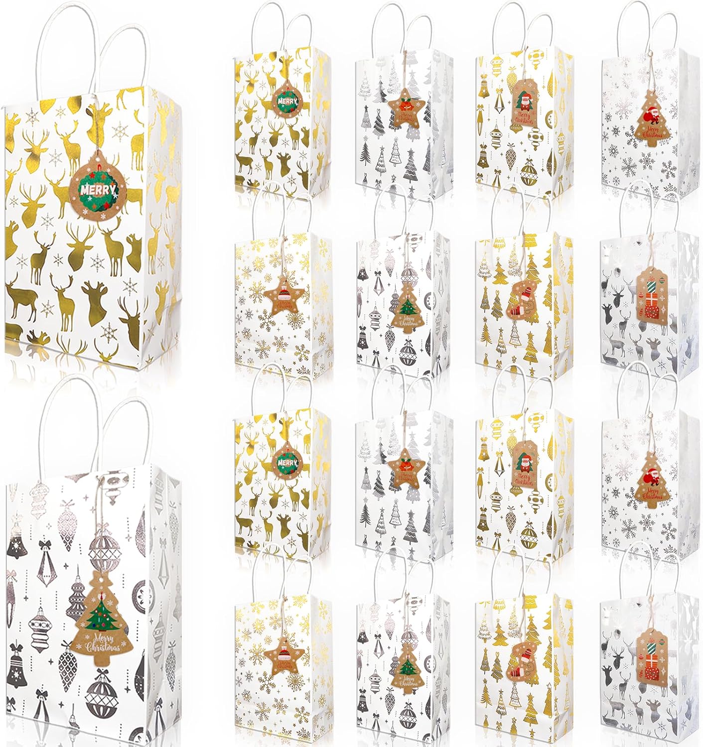 SPVLOAI 16 Pack Christmas Gift Bags Bulk, Small Size 8.3"x5.9"x3.2" Gold Foil Kraft Paper Bags with Handles for Xmas Birthday Shopping Wedding Party Favor Supplies (White)