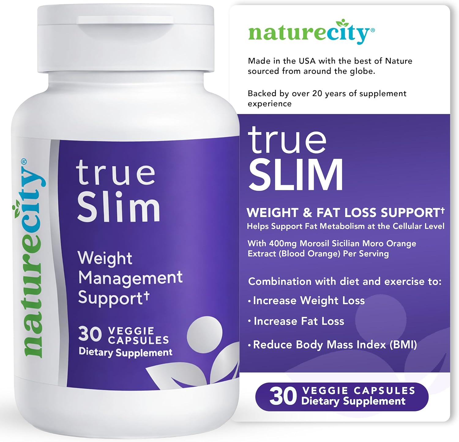 NatureCity True-Slim Morosil Weight Management Capsules | 400mg Sicilian Blood Orange Extract | Supports Reduction of Belly Fat & Waist Size | 30 Veggie Capsules | Non-GMO, Gluten-Free | Made in USA