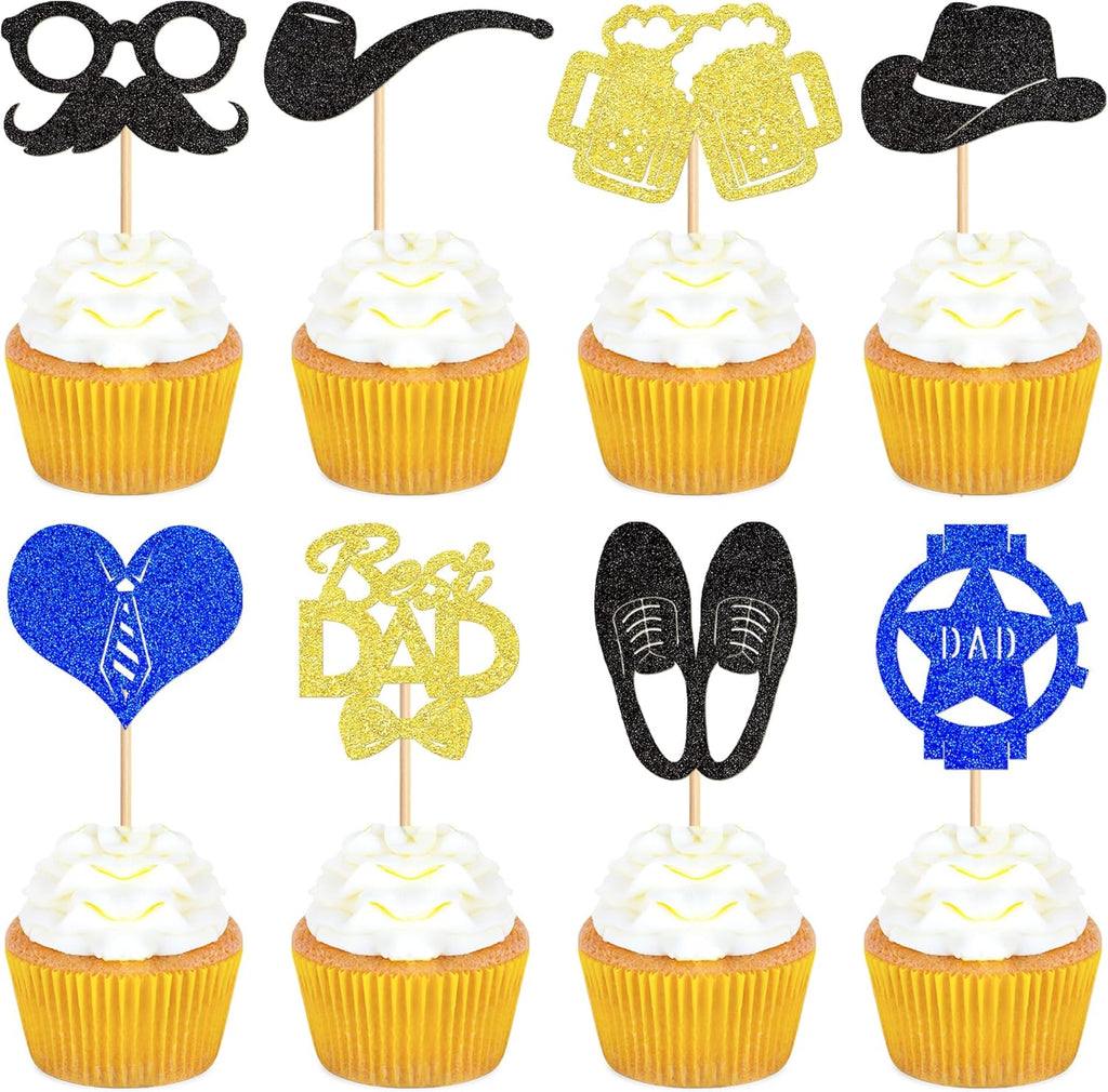 Ercaido 24PCS Best Dad Cupcake Toppers Hat Leather Shoes Cupcake Picks Moustache Tie Beers Food Picks for Father's Day Theme Office Dad Birthday Cupcake Cake Decorations Supplies