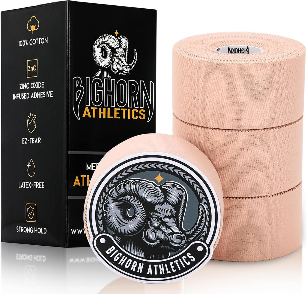 Bighorn Athletics Sports Tape | EZ-Tear Nude Athletic Tape for Wrist, Ankle & Foot Support | Zinc Oxide Infused & Latex-Free Adhesive, Breathable Cotton Fabric, 1.5-Inch x 45-Feet, 4 Rolls, Nude