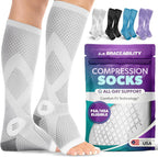 BraceAbility Compression Socks for Circulation - 20-30 mmHg Knee High Neuropathy Open Toe Stockings for Varicose Veins, Running, Shin Splints, Toeless Support for Men or Women - 1 Pair (M - Gray)