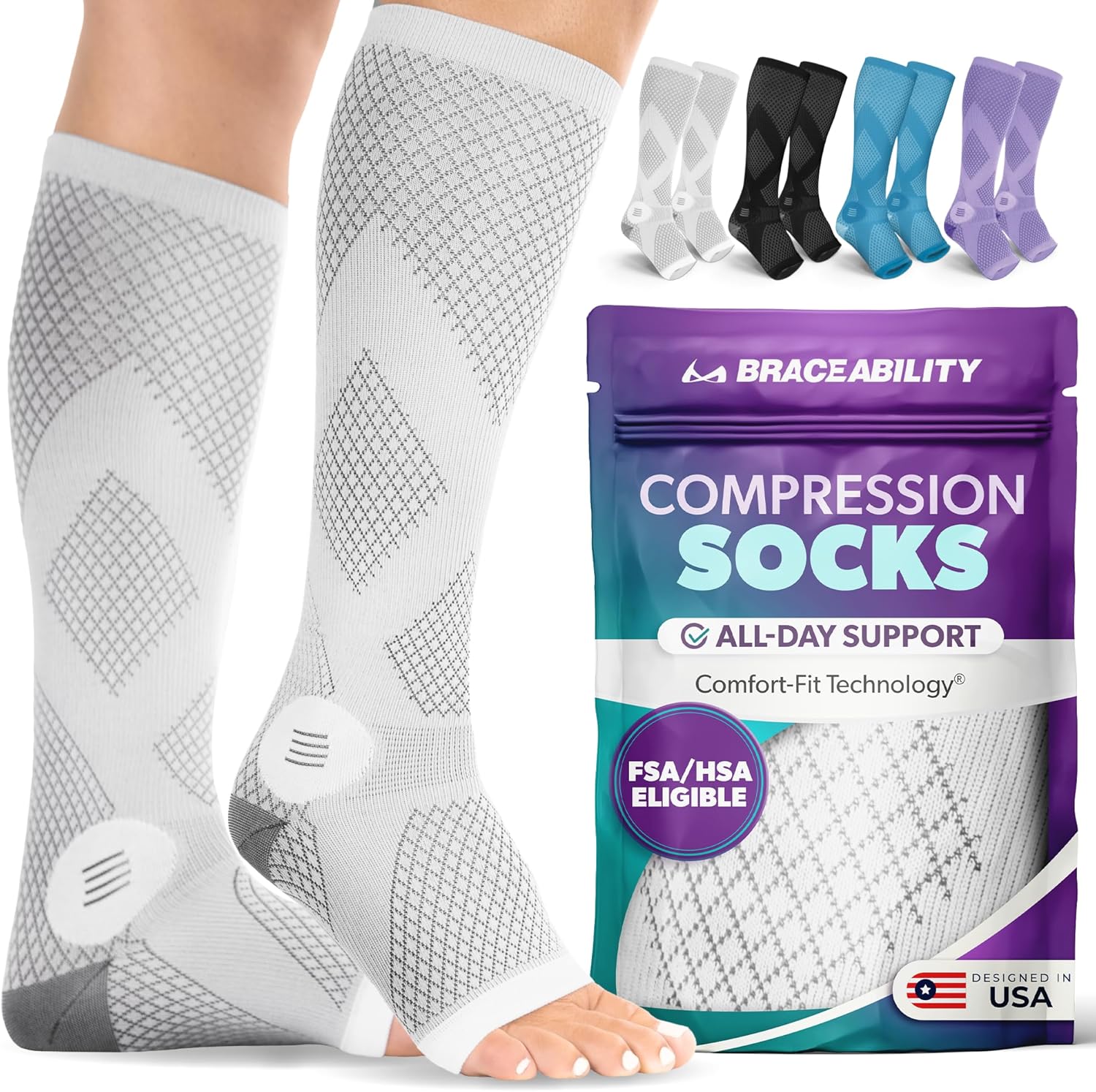 BraceAbility Compression Socks for Circulation - 20-30 mmHg Knee High Neuropathy Open Toe Stockings for Varicose Veins, Running, Shin Splints, Toeless Support for Men or Women - 1 Pair (M - Gray)