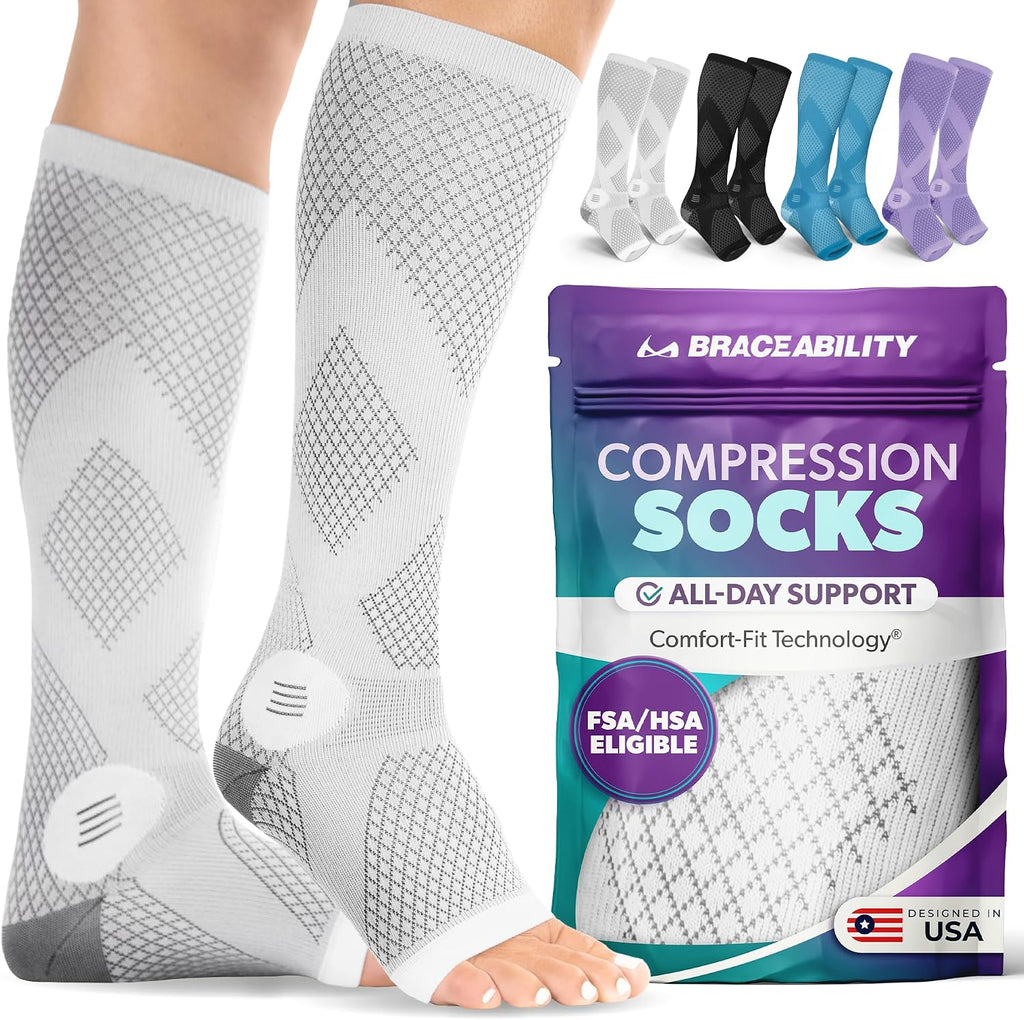 BraceAbility Compression Socks for Circulation - 20-30 mmHg Knee High Neuropathy Open Toe Stockings Best for Varicose Veins, POTS, Restless Leg, Toeless Support for Men or Women - 1 Pair (S - Gray)
