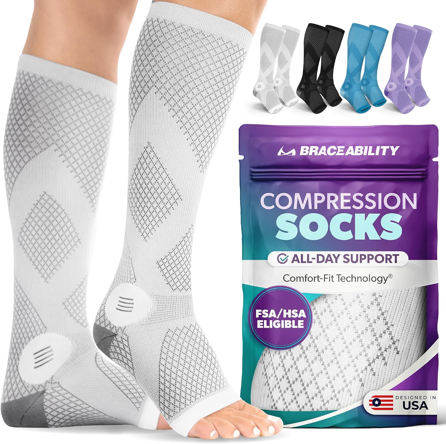 BraceAbility Compression Socks for Circulation - 20-30 mmHg Knee High Neuropathy Open Toe Stockings Best for Varicose Veins, POTS, Restless Leg, Toeless Support for Men or Women - 1 Pair (S - Gray)