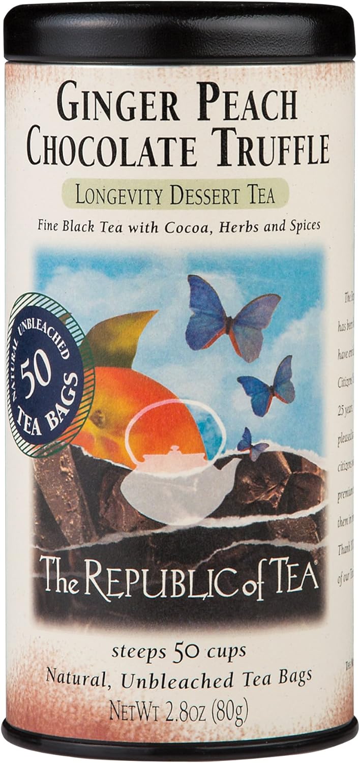 The Republic of Tea Ginger Peach Chocolate Truffle Black Tea Bags, 50 Tea Bag Tin