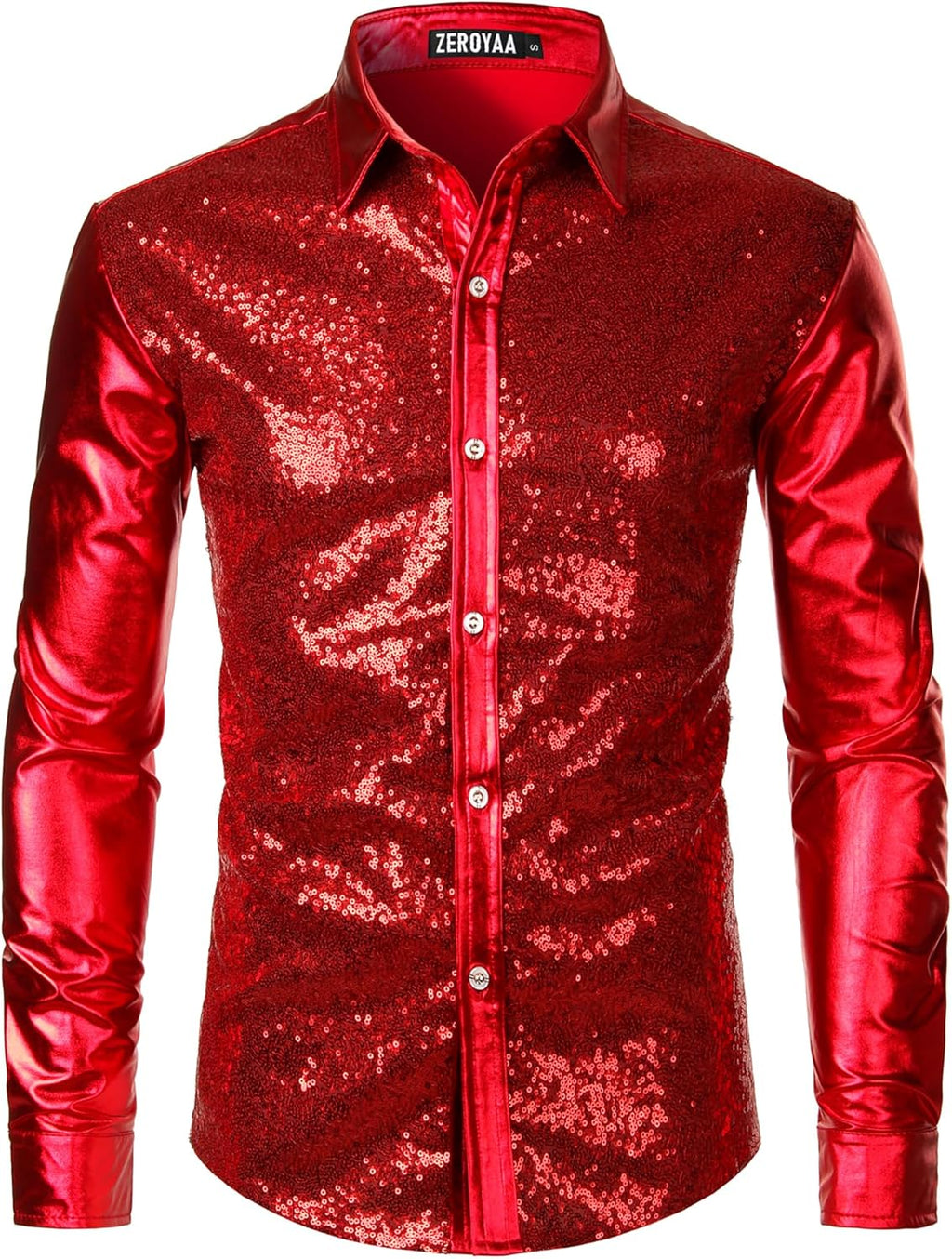 ZEROYAA Men's Shiny Metallic Sequin Long Sleeve Button Down Shirts for Halloween Cosplay Party