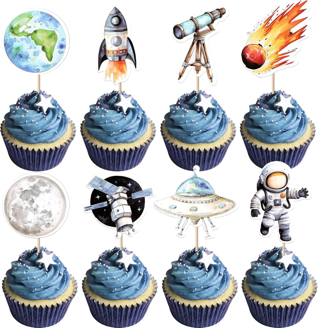 Rsstarxi 40 Pack Space Cupcake Toppers Meteorite Planet Astronaut Cupcake Picks Rocket Telescope Trip to the Moon Cake Decorations for Outer Space Baby Shower Astronaut Birthday Party Supplies