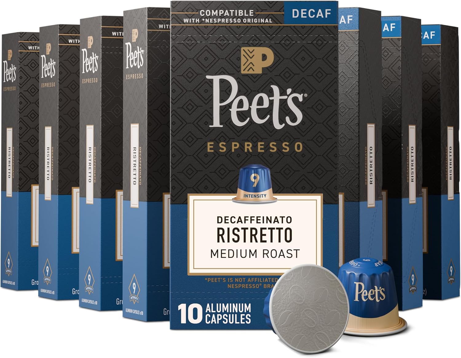 Peet's Coffee, Medium Roast Decaf Espresso Capsules, Compatible with Nespresso Original Machine, Decaffeinated Arabica Coffee - Decaf Ristretto Intensity 10, 100 CT (10 Boxes of 10 Espresso Capsules)