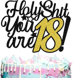 Aeryourtar Holy Shit You're 18 Cake Topper, Bruh I'm 18, Time to Adult, Happy 18th Birthday Party Decorations Supplies, Black Glitter