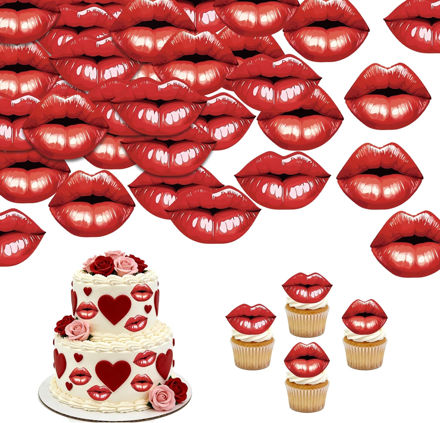 48Pcs Edible Edible Valentine’s Day Cupcake Toppers Red Lip Cupcake Picks Happy Valentine's Day Cake Decor for Valentine's Day Theme Party Decoration Supplies