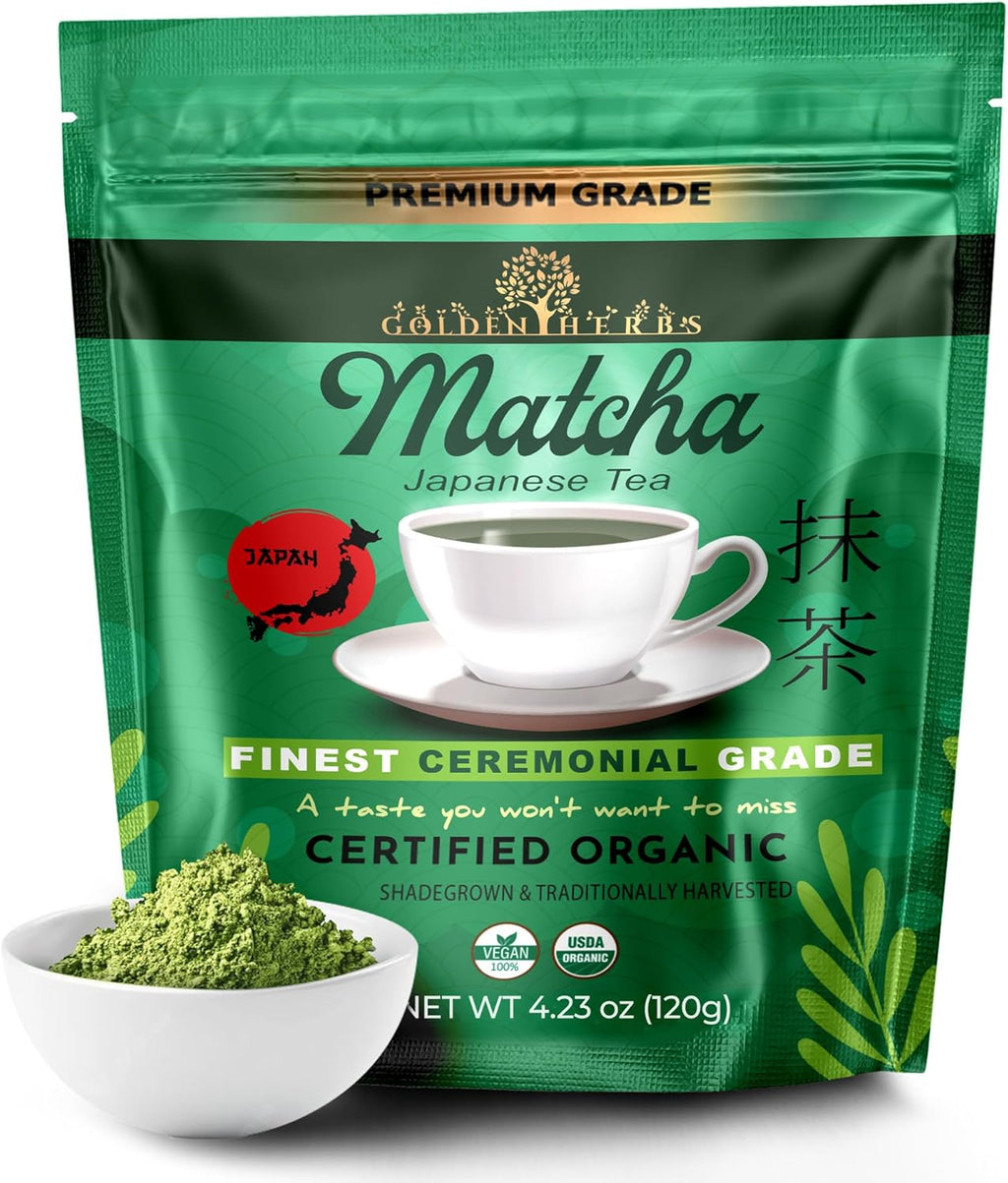 Golden Herbs Matcha Superior Ceremonial Blend Green Tea Powder from Uji, Kyoto, USDA Organic, Gluten-Free Vegan, 100% Pure Unsweetened, No Additivesm, Resealable Freshness Pouch (120 Grams, 4.23 OZ)