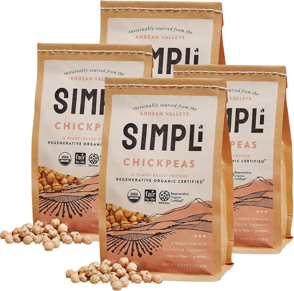 SIMPLi Regenerative Organic Certified Chickpeas, High in Fiber and Protein, Plant-Based Protein, Glyphosate-Free, Dense and Earthy Flavor, (4 Pack, 12 oz each)