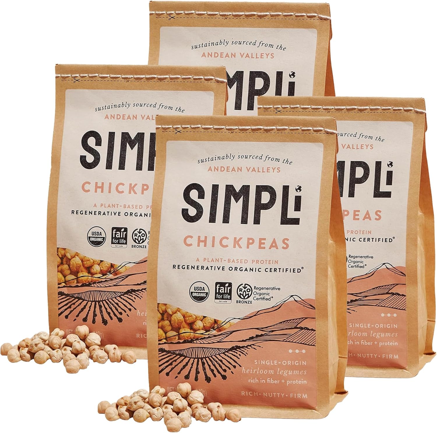 SIMPLi Regenerative Organic Certified Chickpeas, High in Fiber and Protein, Plant-Based Protein, Glyphosate-Free, Dense and Earthy Flavor, (4 Pack, 12 oz each)
