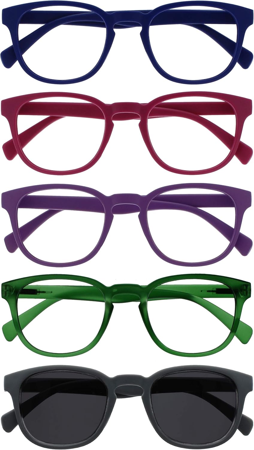 OPULIZE POP Reading Glasses and Reading SunGlasses for Women Men,Retro Round, Smooth Matt Blue, Pink, Purple, Green, Grey Sun +1.50 (Pack of 5)