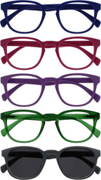 OPULIZE POP Reading Glasses and Reading SunGlasses for Women Men,Retro Round, Smooth Matt Blue, Pink, Purple, Green, Grey Sun +1.50 (Pack of 5)