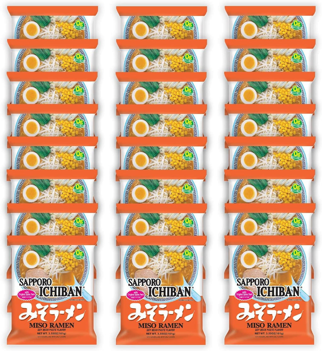 [SAPPORO ICHIBAN] Miso Flavor Ramen Noodles, No. 1 Tasting Japanese Instant Noodles (3.5 Oz. x 24 pouches)