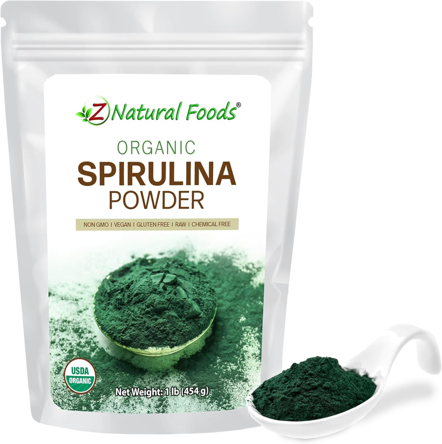 Z Natural Foods Organic Spirulina Powder - 100% Pure Spirulina, Nutrient-Dense Blue-Green Algae Superfood with Amino Acids, 15x Beta-Carotene - Mix in Smoothies, Yogurt, Recipes, 1 lb
