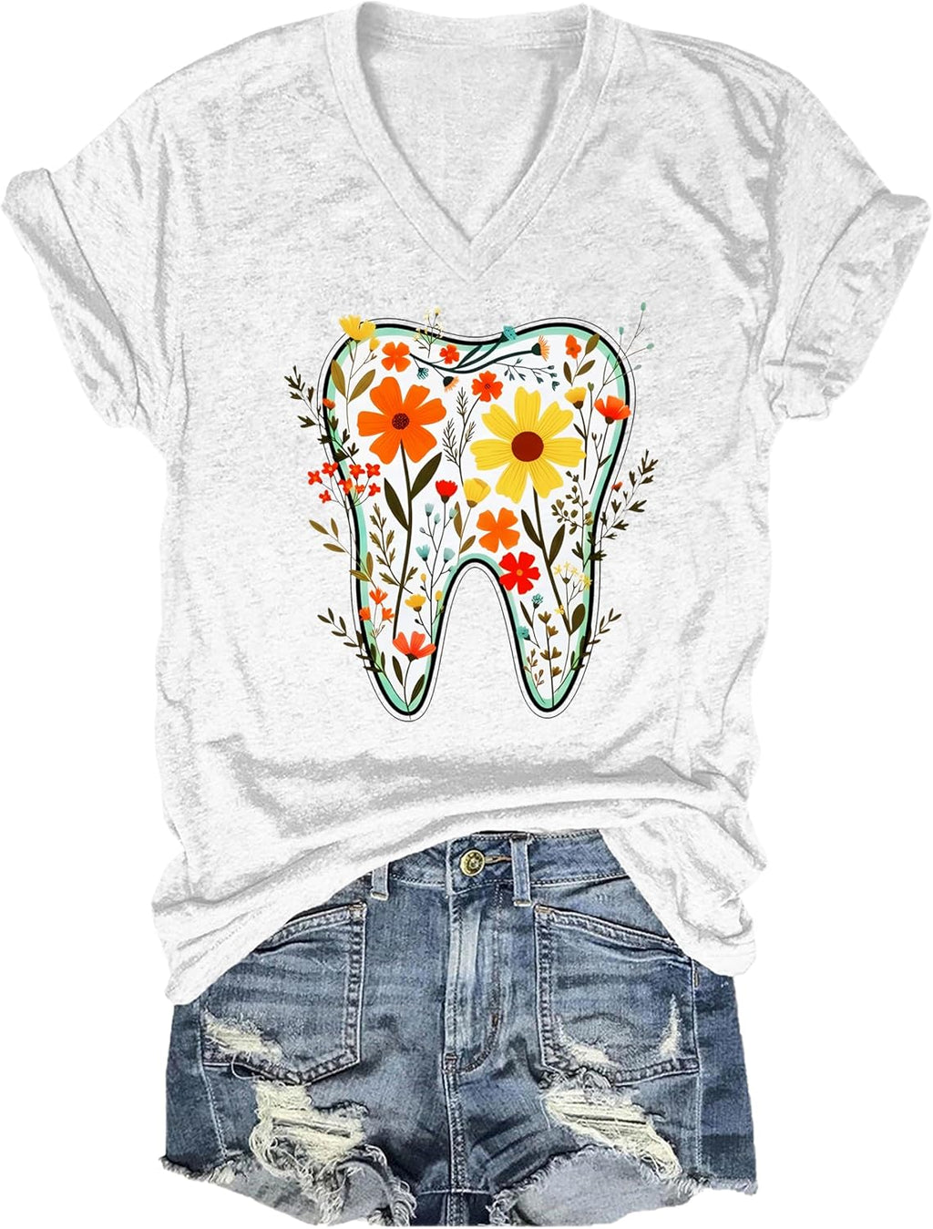 Dental Halloween Shirts for Women Floral Tooth Shirt Men Funny Dental Assistant Halloween V-Neck T-Shirt