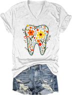 Dental Halloween Shirts for Women Floral Tooth Shirt Men Funny Dental Assistant Halloween V-Neck T-Shirt