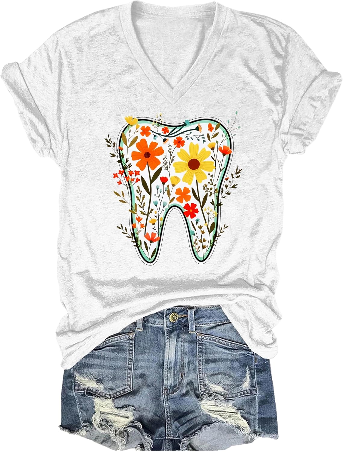 Dental Halloween Shirts for Women Floral Tooth Shirt Men Funny Dental Assistant Halloween V-Neck T-Shirt