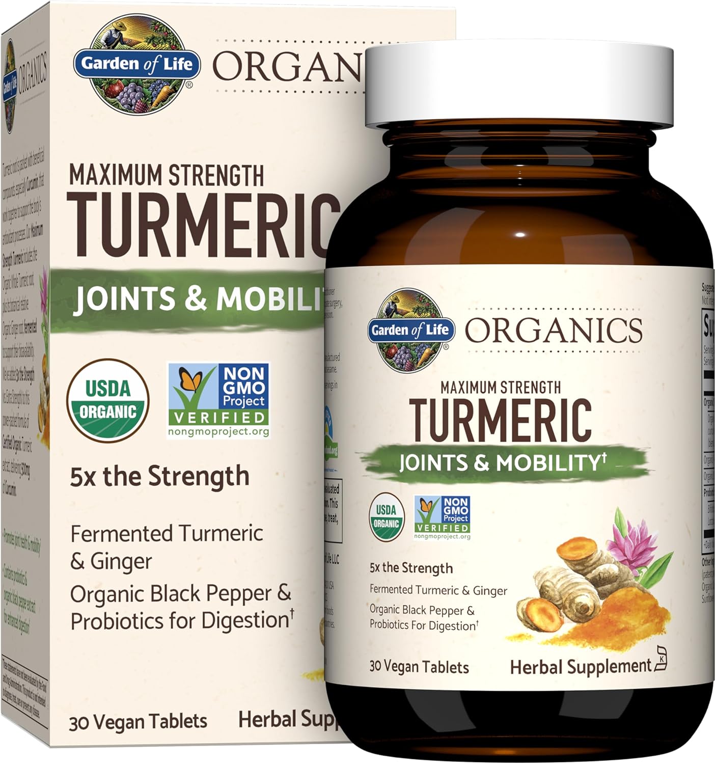 Garden of Life Organics Maximum Strength Turmeric Joints & Mobility Support 30 Tablets - 500mg Curcumin (95% Curcuminoids) Black Pepper - Organic Non-GMO Vegan & Gluten Free Herbal Supplements