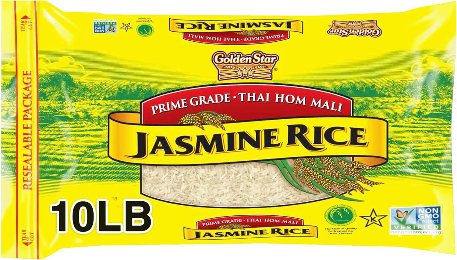 Golden Star Thai Hom Mali White Jasmine Rice - Prime Grade White Rice - 10 lb Bag