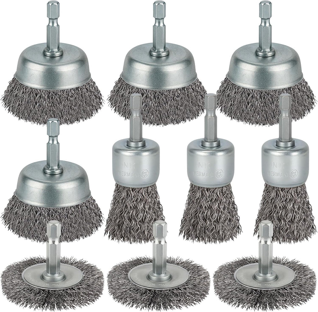 10 Pcs Wire Brush for Drill, Coarse Carbon Steel Crimping Wire Wheel Brush, 1/4 Inch Hex Shank, Cup Brush Drill Bit for Cleaning Rust, Stripping and Abrasive