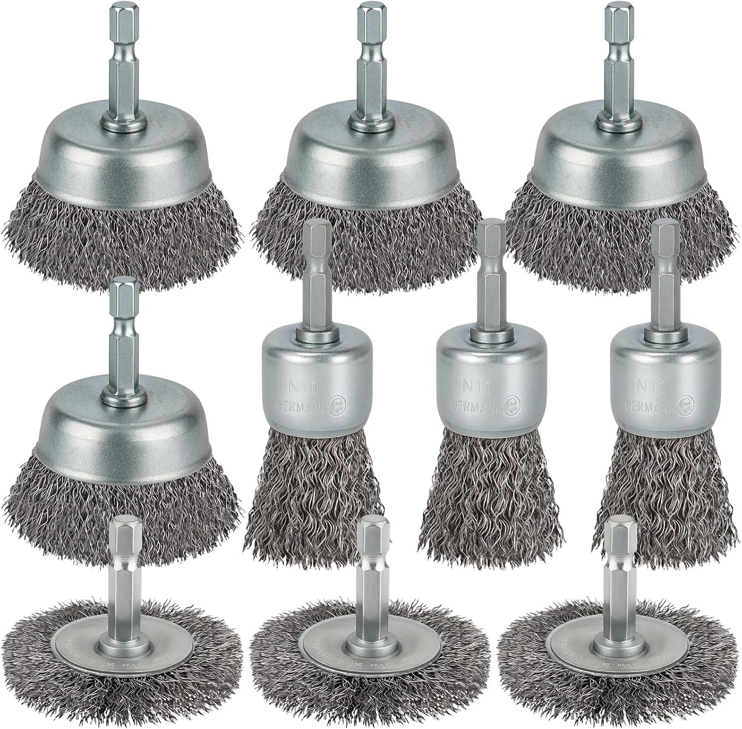 10 Pcs Wire Brush for Drill, Coarse Carbon Steel Crimping Wire Wheel Brush, 1/4 Inch Hex Shank, Cup Brush Drill Bit for Cleaning Rust, Stripping and Abrasive