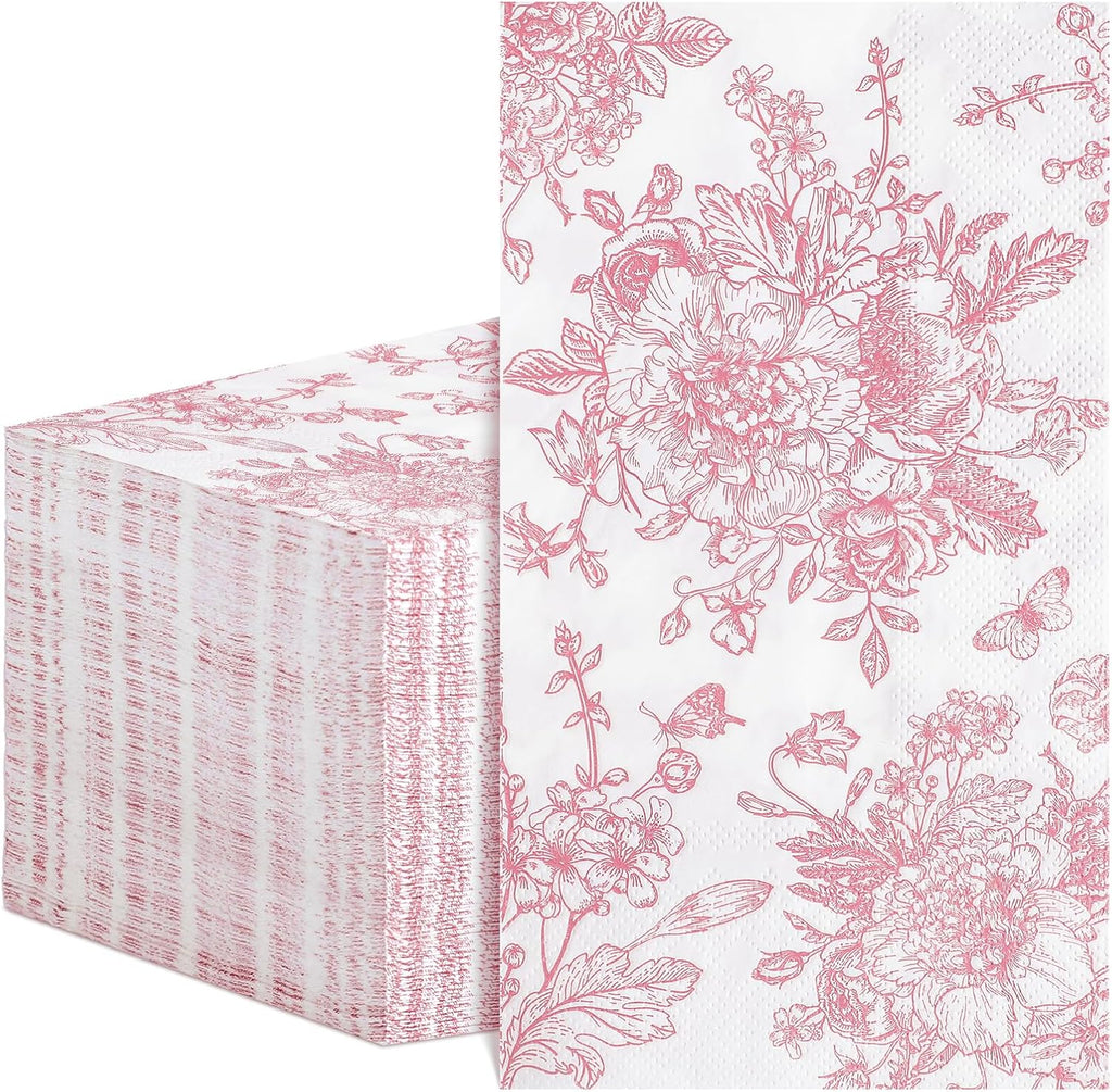 100 Pcs Pink Floral Napkins, Easter Napkins Disposable Decorative Bathroom Napkin Pink Toile Guest Dinner Napkin for Wedding, Bridal Baby Shower, Tea Party, Mothers Day