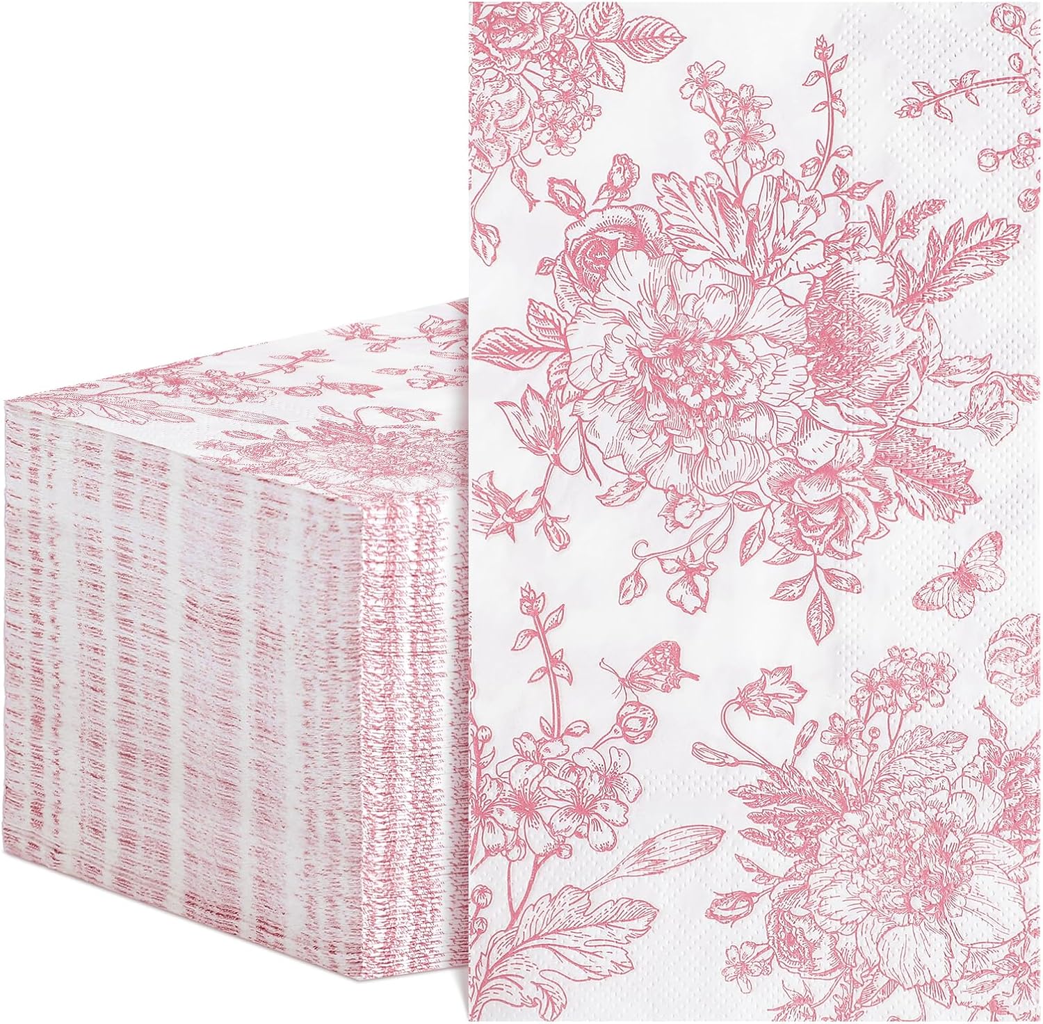 100 Pcs Pink Floral Napkins, Easter Napkins Disposable Decorative Bathroom Napkin Pink Toile Guest Dinner Napkin for Wedding, Bridal Baby Shower, Tea Party, Mothers Day