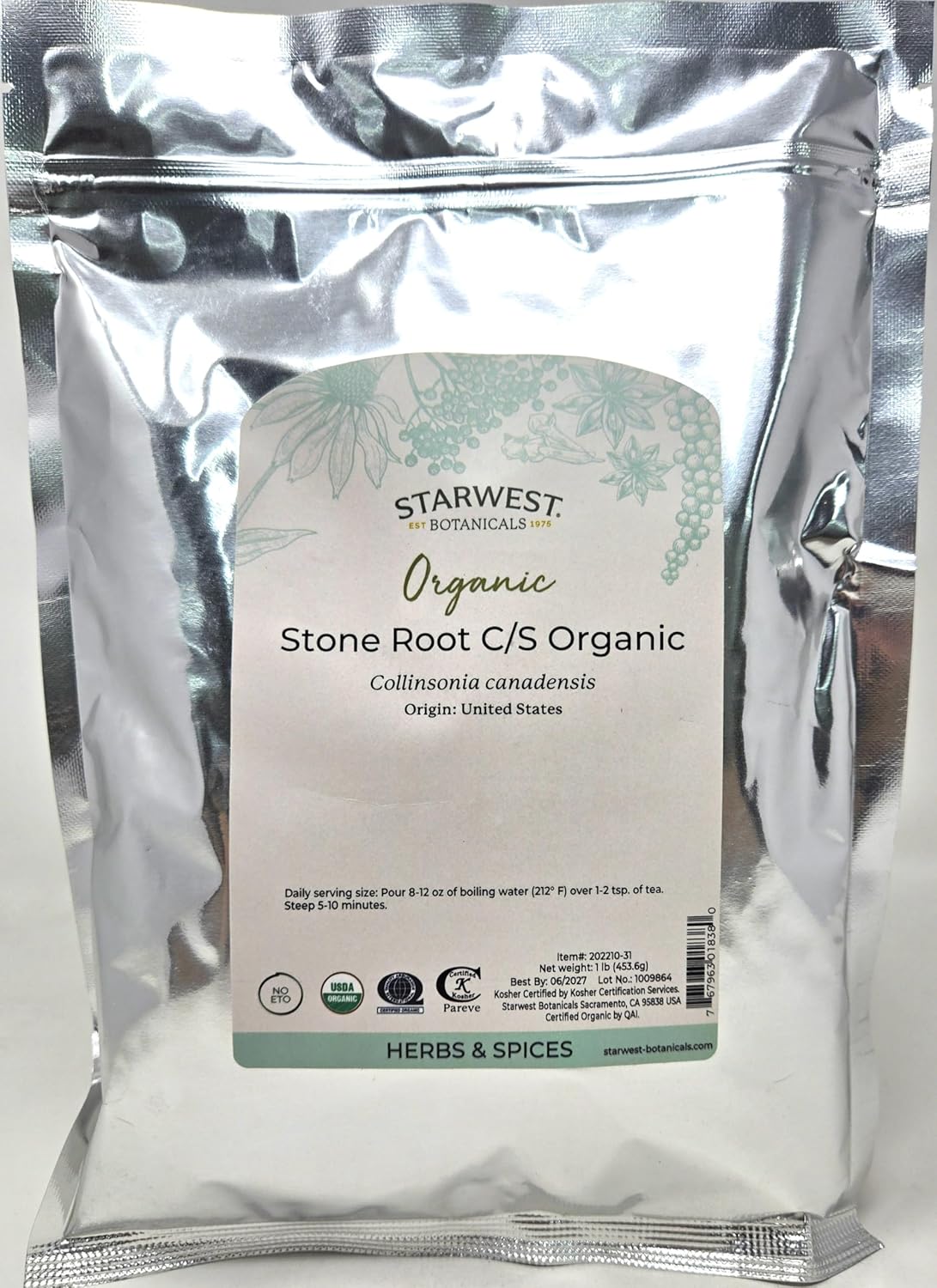 Stone Root Wildcrafted Cut & Sifted - Collinsonia canadensis, 1 lb,(Starwest Botanicals)