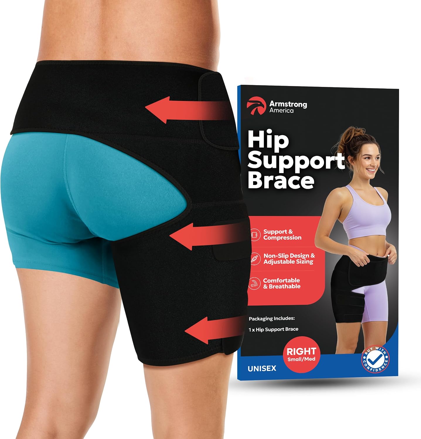 ARMSTRONG AMERICA Hip Brace For Women & Men - Groin Strain Compression Wrap for Hamstring, Hip Flexor, Sciatcica Pain Relief - Hamstring & Hip Support Thigh Compression Sleeve - SMALL/RIGHT LEG