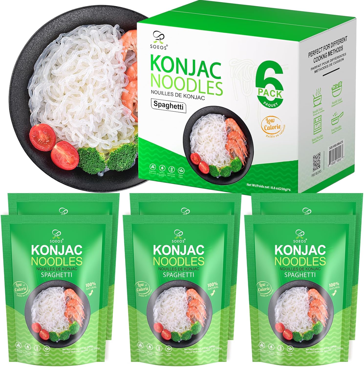 Soeos Konjac Noodles, Spaghetti Pasta, 8.8 oz (250g)*6 Pack, Low Calorie, Low Carb, Keto and Paleo Friendly Shirataki Noodle, Gluten-Free, Fat Free, Sugar Free, Vegan