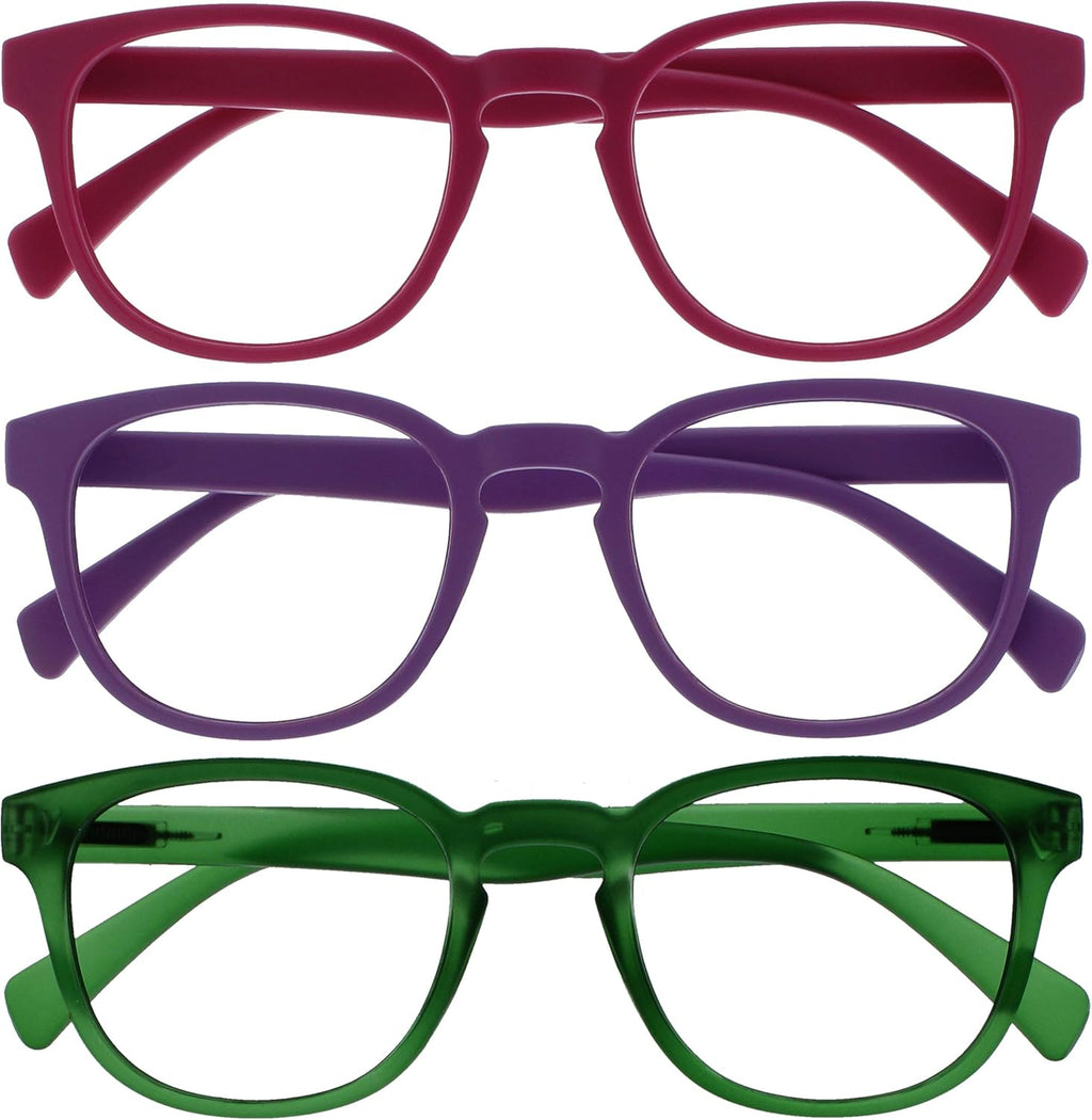OPULIZE POP Reading Glasses for Women Men,Scratch Resistant Round Matt Frame with Spring Hinges, Pink, Purple, Green +1.50 (Pack of 3)