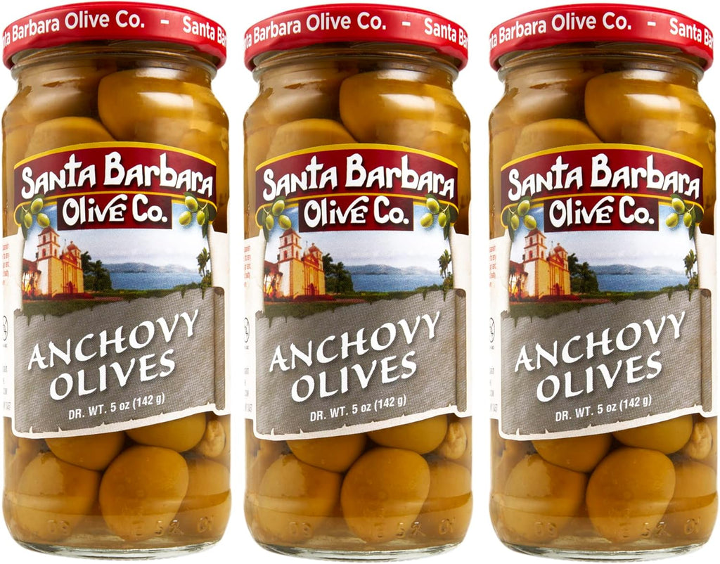 Santa Barbara Green Olives Pitted Anchovy Stuffed, Perfect for Charcuterie Boards, Salads, Pizza, and Pasta, 3 Pack, 5oz (142grams) Each