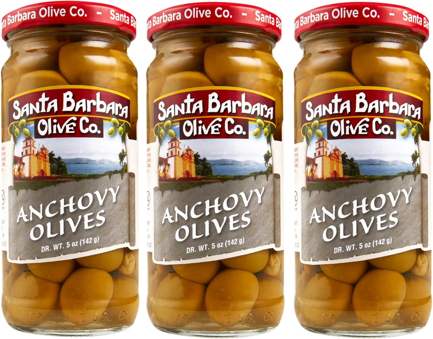 Santa Barbara Green Olives Pitted Anchovy Stuffed, Perfect for Charcuterie Boards, Salads, Pizza, and Pasta, 3 Pack, 5oz (142grams) Each