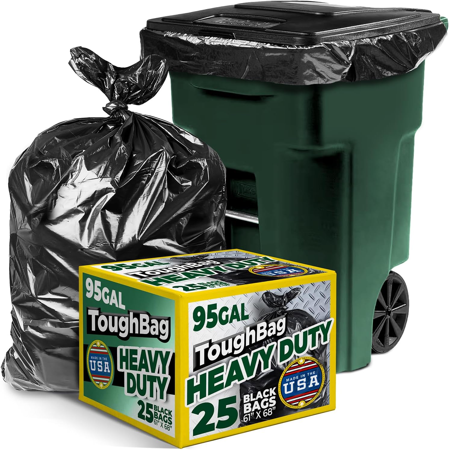 ToughBag 95-96 Gallon Extra-Large Trash Bags, 61x68” Black Garbage Bags, 1.2 Mil Thick (25 COUNT), Heavy-Duty Outdoor 95 Gallon Trash Bags – for Storage, Custodial, Landscape - Made In USA