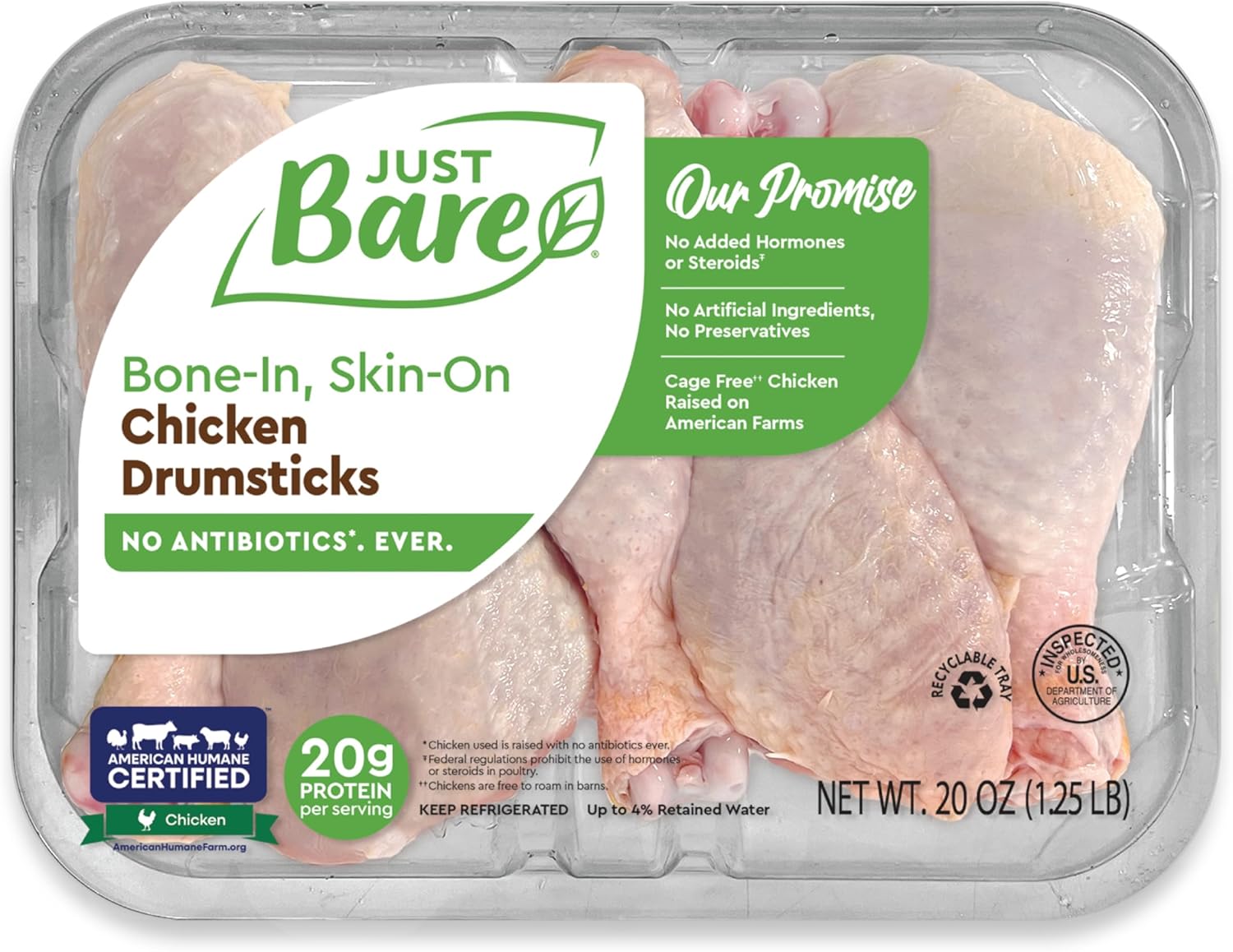 Just Bare® Natural Fresh Chicken Drumsticks | No Antibiotics Ever | Bone-In | 1.25 LB