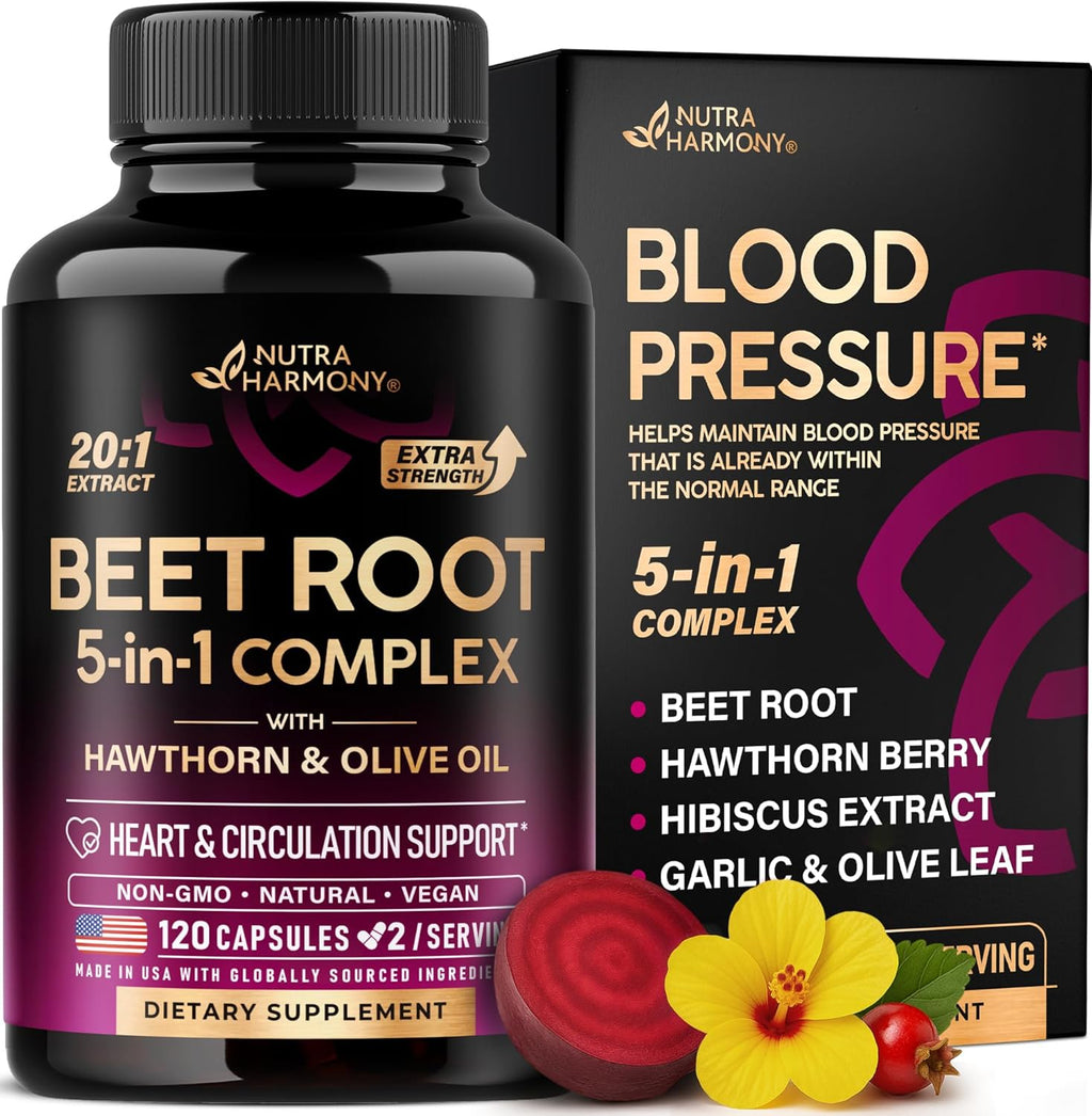 Beet Root 5-in-1 Complex Capsules - Healthy Blood Pressure Support Supplement** for Heart & Circulation Support - Olive Leaf, Hawthorn Berry & Hibiscus - for Men & Women - Made in USA, 120 Capsules