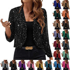Womens Sequin Jacket Sparkly Glitter Open Front Cropped Blazer Lightweight Long Sleeve Jacket
