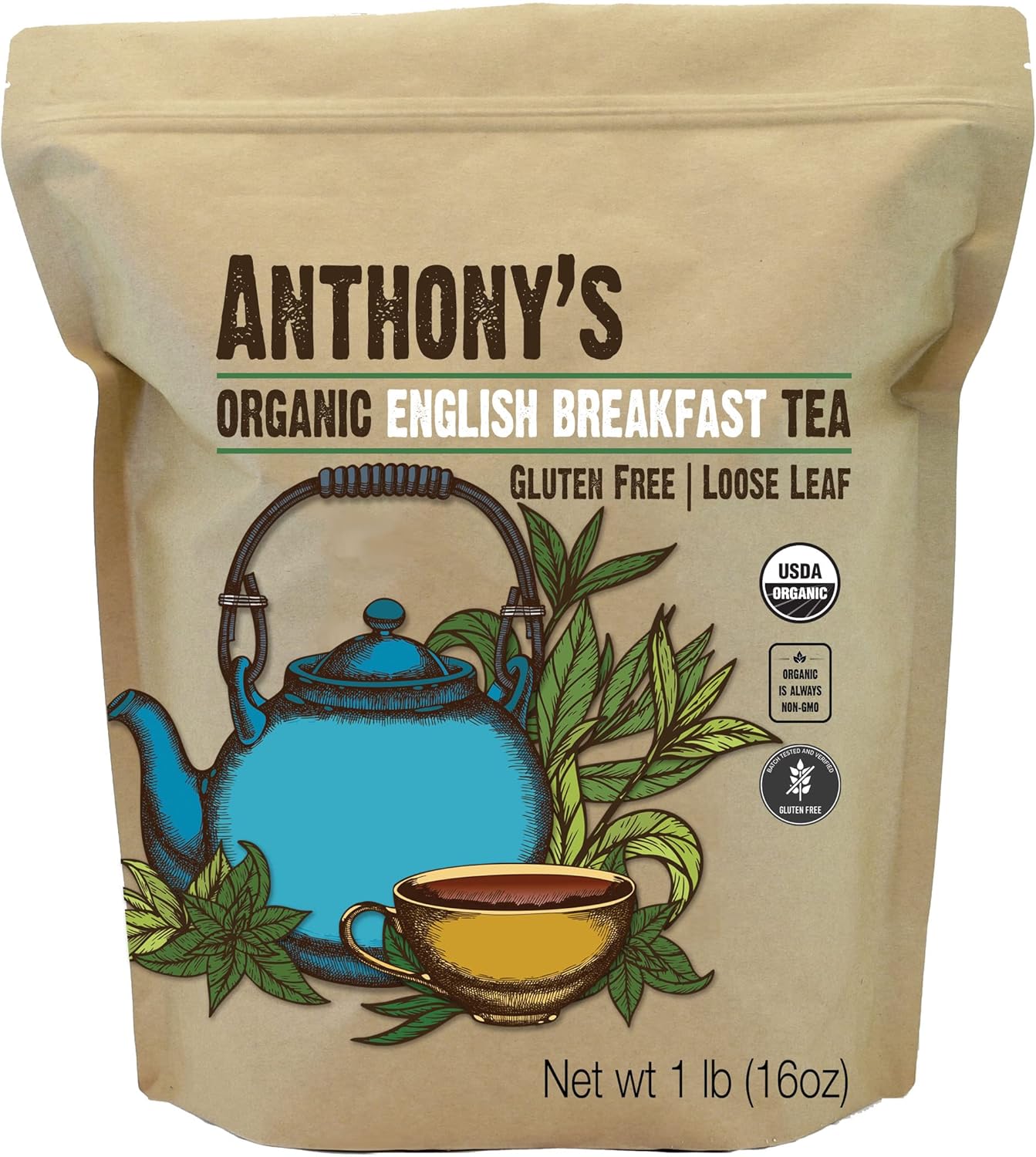 Anthony's Organic English Breakfast Loose Leaf Tea, 1 lb, Gluten Free, Non GMO, Non Irradiated, Keto Friendly