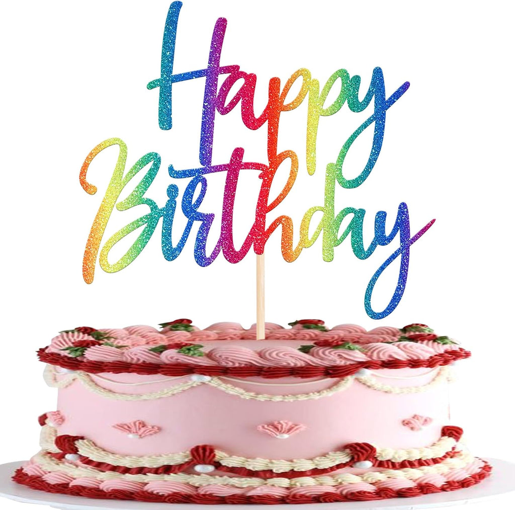 1 Pack Happy Birthday Cake Topper Glitter Celebrating Happy Birthday Cake Pick Baby Shower Kids Cupcake Decoration Party Supplies Rainbow